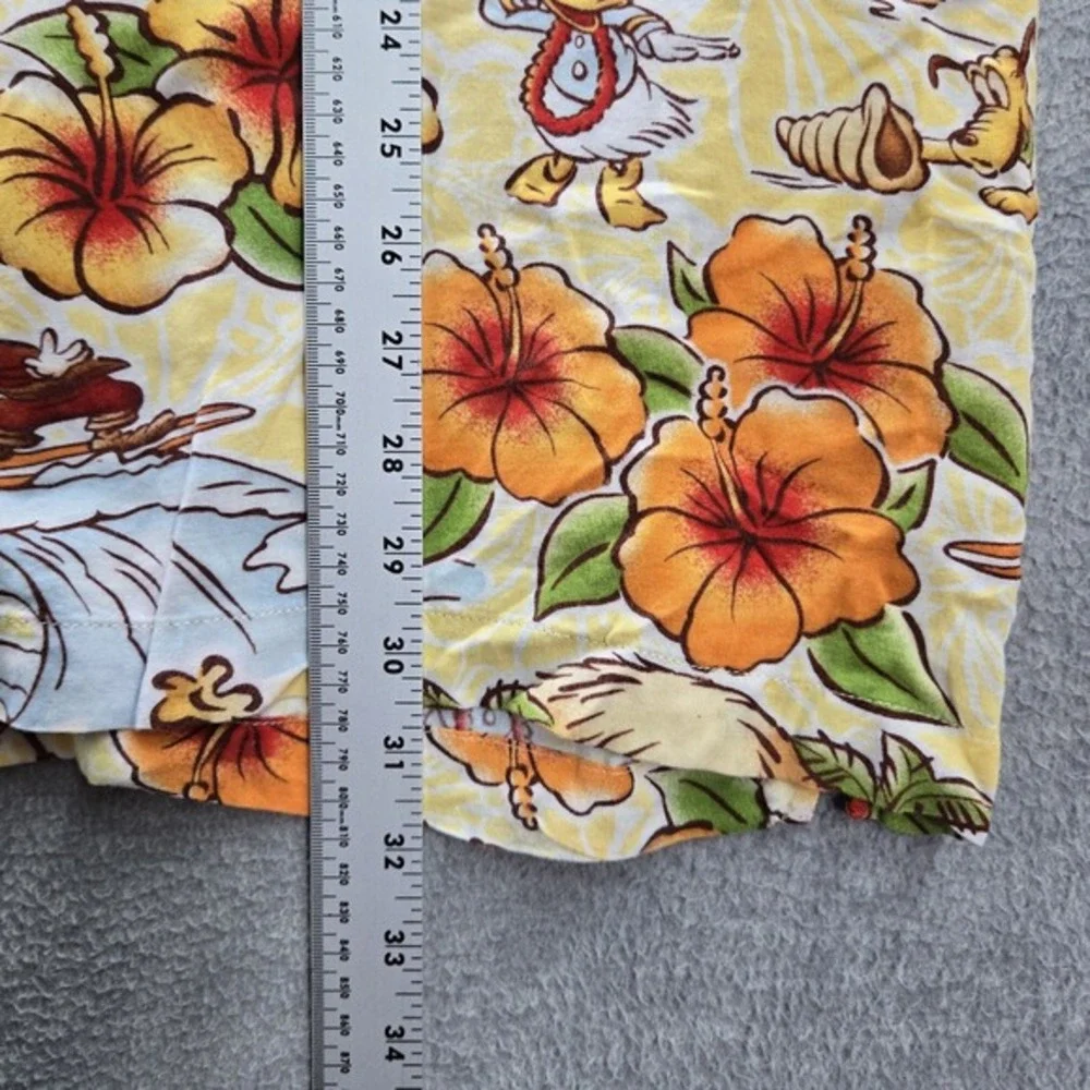 Disney‎ Parks Men Button Up Shirt 2XL Yellow Floral Hawaiian Mickey Minnie Mouse